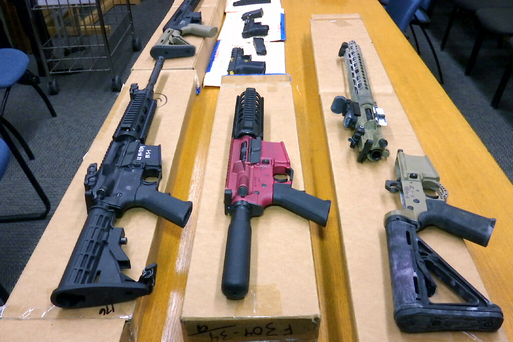 Confiscated ‘ghost guns’ at the headquarters of the San Francisco Police Department.