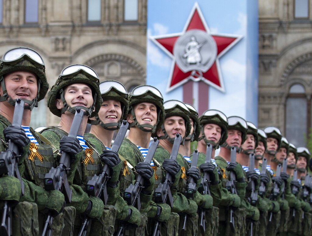 Russian troops march during the Victory Day military parade at Red Square in Moscow in 2019.