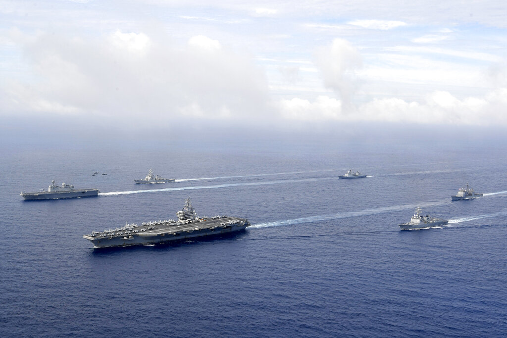 The U.S. nuclear-powered aircraft carrier USS Ronald Reagan sails during a joint military exercise with South Korea June 4, 2022.