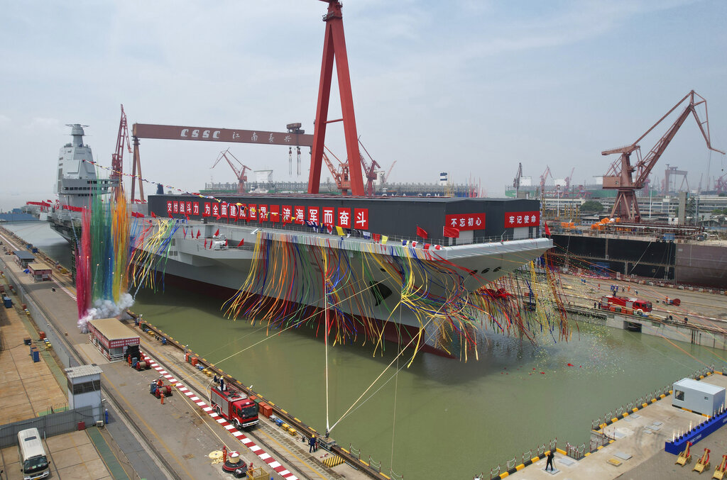 The launch ceremony for China's new aircraft carrier, Fujian, at Shanghai on June 17, 2022.