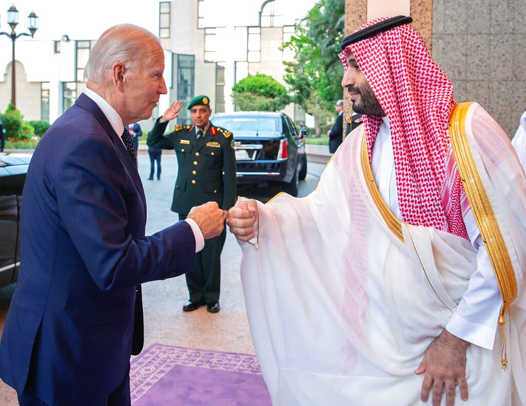 Saudi Arabia's Crown Prince Mohammed bin Salman greets President Biden with a fist bump at Jeddah, Saudi Arabia in July.