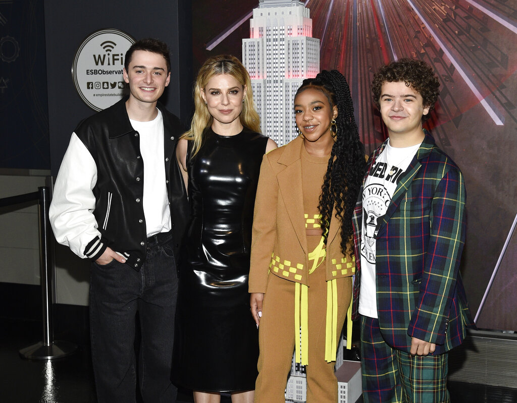 Cast members Noah Schnapp, left, Cara Buono, Priah Ferguson and Gaten Matarazzo of the series 'Stranger Things' May 26, 2022, at New York.