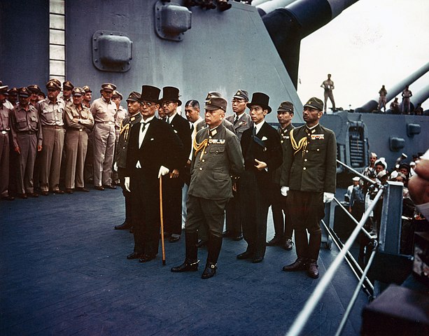 Japanese representatives on board USS Missouri during the surrender ceremonies, September 2, 1945.
