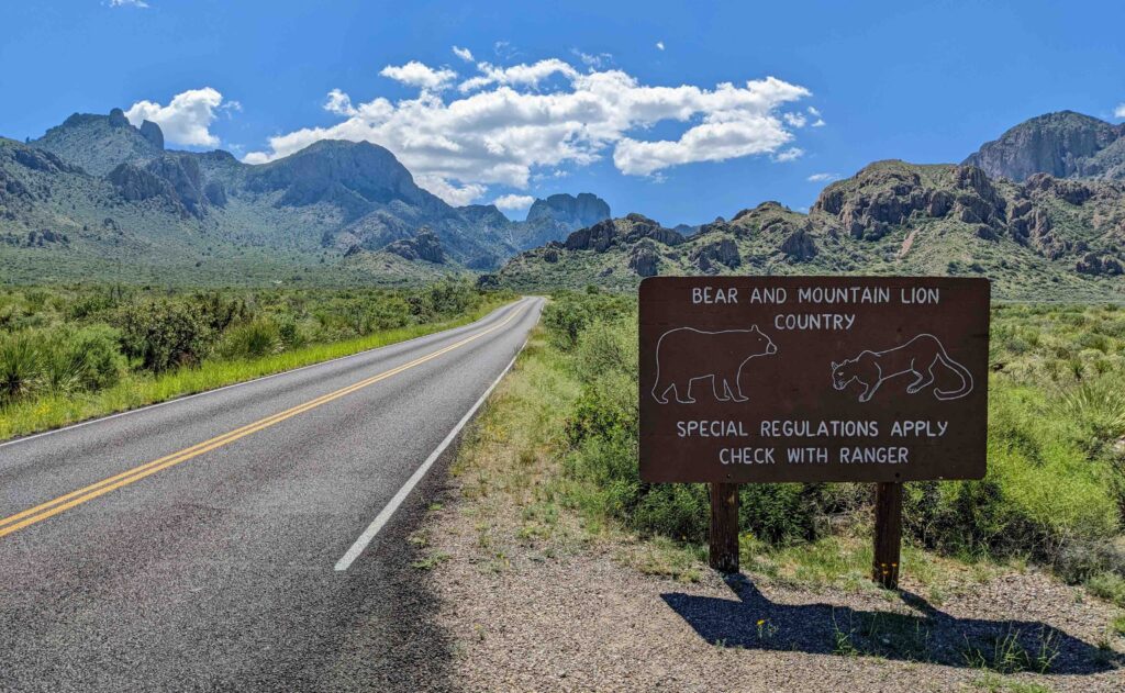 Warning signs along the roadway at the Big Bend National Park in West Texas