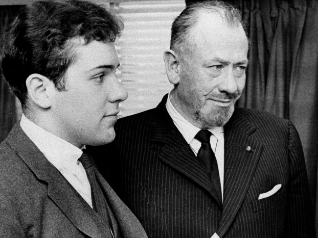 Author John Steinbeck, right, and his son, Thomas Steinbeck, at Hartford, Connecticut, March 22, 1963.