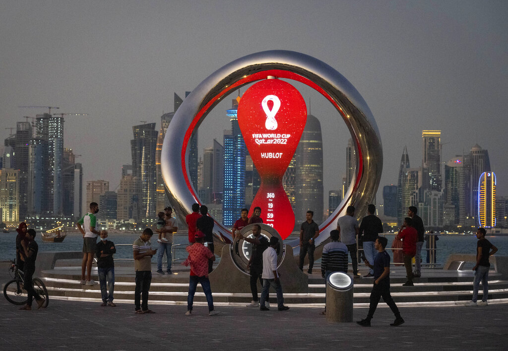The official countdown clock showing remaining time until the kick-off of the World Cup, at Doha, Qatar.