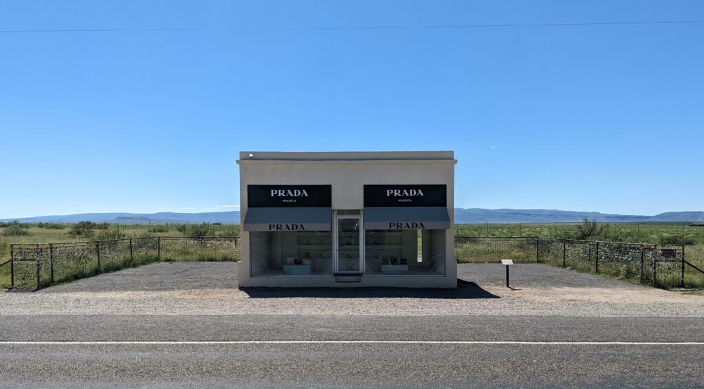 Prada Marfa, a 2005 art installation along highway 90 west of Marfa, Texas.