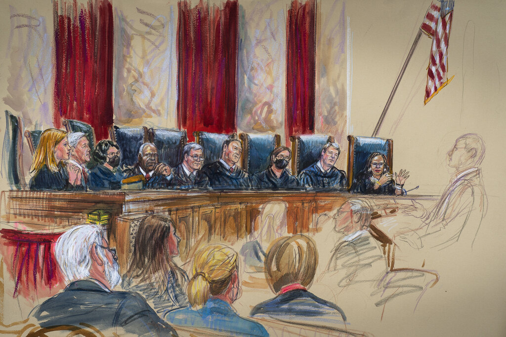 The Supreme Court, joined by new Justice Ketanji Brown Jackson hears arguments on the opening day of its new term Monday.