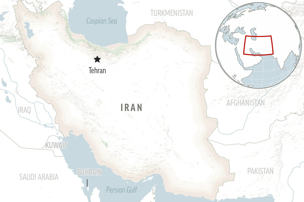 Locator map of Iran and its capital, Tehran.