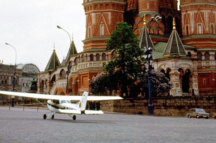 A single engine Cessna aircraft, piloted by Mathias Rust, at Moscow's Red Square near St. Basil's Church on May 28, 1987.