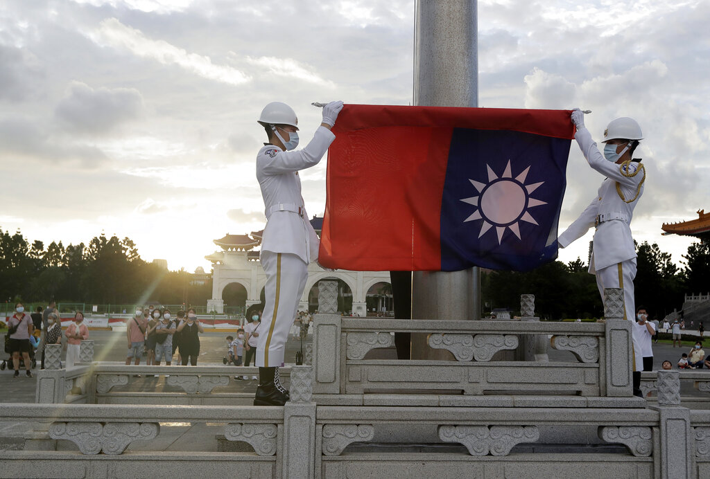 Taiwanese soldiers during the daily flag ceremony at Liberty Square, Taipei, July 30, 2022.