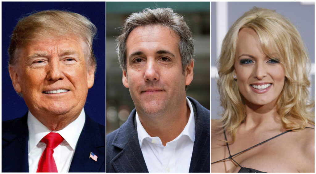 This combination of file photo shows, from left, President Trump, attorney Michael Cohen, and adult film actress Stormy Daniels. May, 2018.