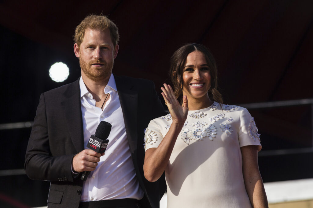 Prince Harry and Meghan Markle, Duke and Duchess of Sussex, speak during the Global Citizen festival, Saturday, Sept. 25, 2021 at New York.