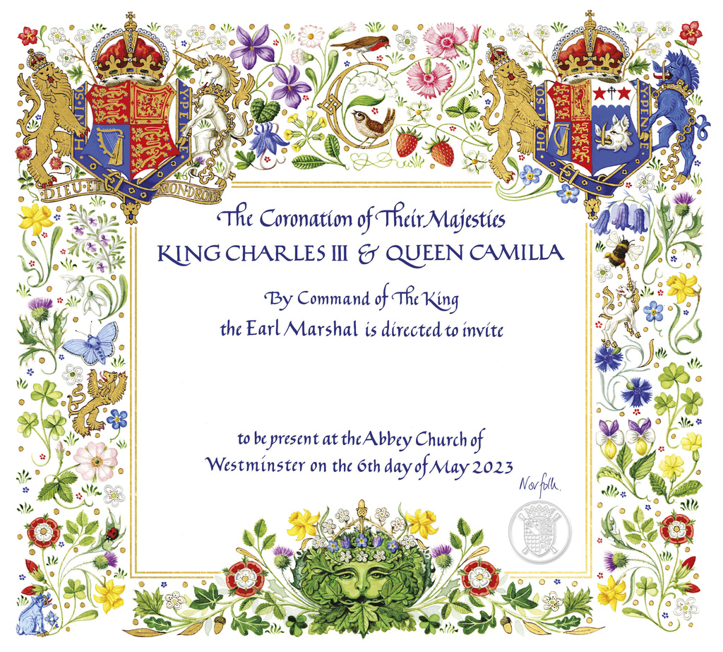This photo released by Buckingham Palace on April 4, 2023 displays the invitation to the Coronation of Britain's King Charles III in Westminster Abbey. King Charles III’s wife has been officially identified as Queen Camilla for the first time, with Buckingham Palace using the title on invitations for the monarch’s May 6 coronation.