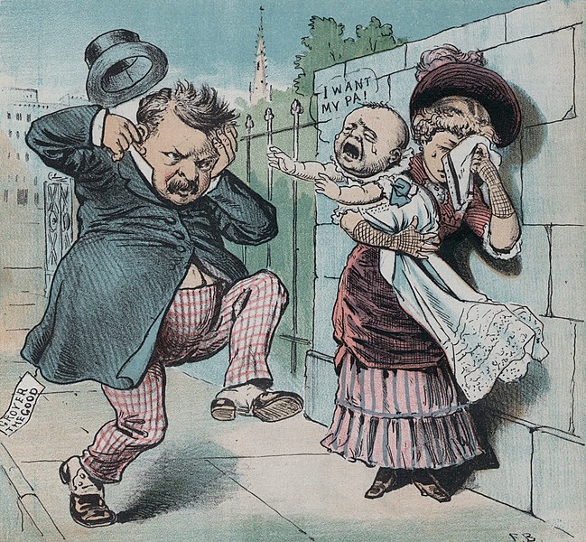 Anti-Grover Cleveland political cartoon of 1884 (cropped from the front page of "The Judge" magazine), captioned "Another voice for Cleveland". Reference is to the story that Cleveland had had an illegitimate child (giving rise to the infamous campaign chant "Ma, Ma, where's my Pa?" by Cleveland opponents, to which Cleveland supporters replied "Gone to the White House, Ha! Ha! Ha!"). Date 27 September 1884