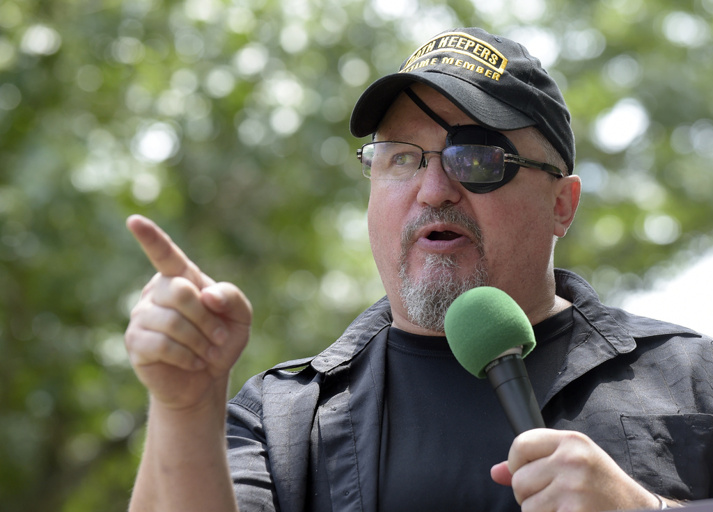 FILE - Stewart Rhodes, founder of the citizen militia group known as the Oath Keepers, speaks during a rally outside the White House in Washington, on June 25, 2017. The Justice Department is seeking 25 years in prison for Rhodes, the Oath Keepers founder convicted of seditious conspiracy for what prosecutors described as a violent plot to keep President Joe Biden out of the White House, according to court papers filed Friday, May 5, 2023.