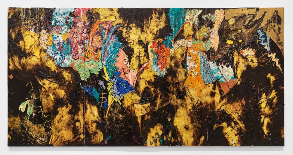 All images: Mark Bradford © Mark Bradford Courtesy the artist and Hauser & Wirth BRADF109093 .jpg Fire Fire 2021 Mixed media on canvas 3 panels, overall: 346.4 x 687.7 x 5.7 cm / 136 3/8 x 270 3/4 Left: 345.8 x 190.8 cm / 136 1/8 x 75 1/8 in Middle: 345.8 x 275 cm / 136 1/8 x 120 1/8 in Right: 345.8 x 191.1 cm / 136 1/8 x 75 1/4 in Photo: Sarah Muehlbauer