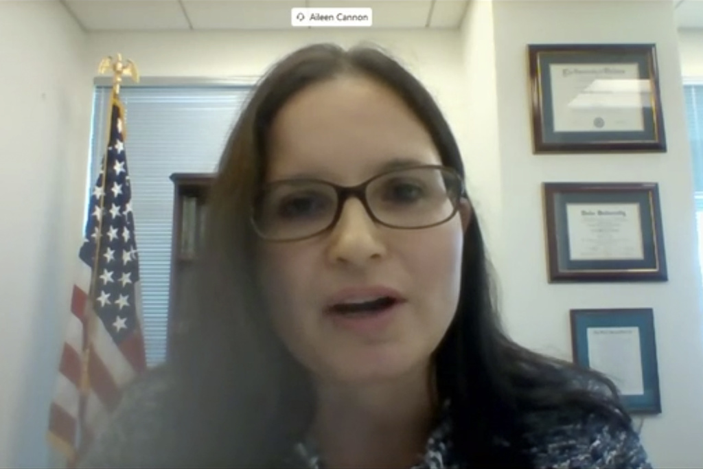 In this image from video provided by the Senate Judiciary Committee, Aileen Cannon testifies virtually during her nomination hearing to the Senate Judiciary Committee at Washington, July 29, 2020.