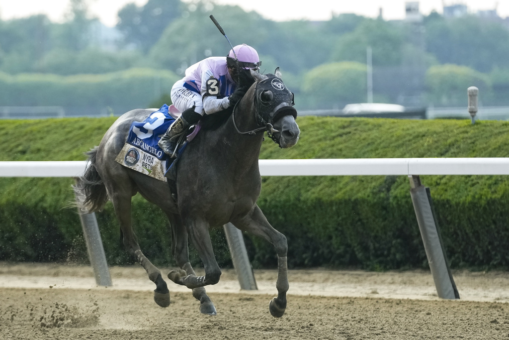 Arcangelo, with jockey Javier Castellano, breaks away from the pack in the final stretch to win the 155th running of the Belmont Stakes horse race, Saturday, June 10, 2023, at Belmont Park in Elmont, N.Y.