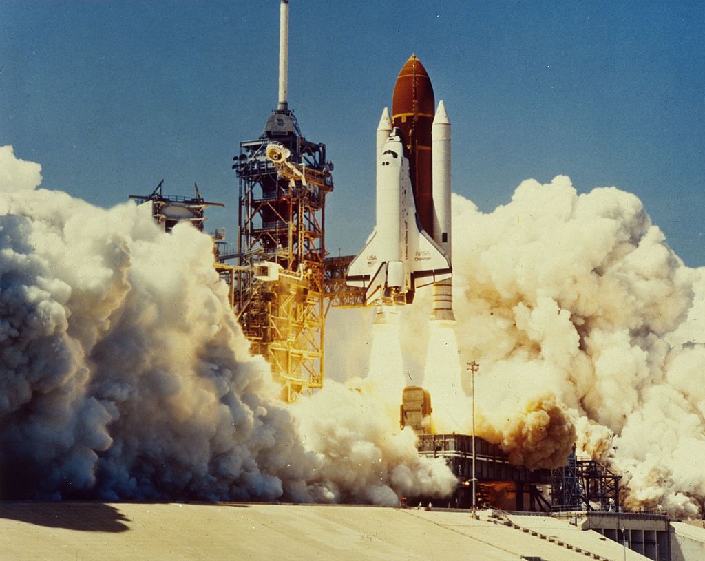 28th January 1986: The space shuttle Challenger (STS-51L) takes off from the Kennedy Space Centre, Florida. 73 seconds later the shuttle exploded, killing its seven crew members. (Photo by