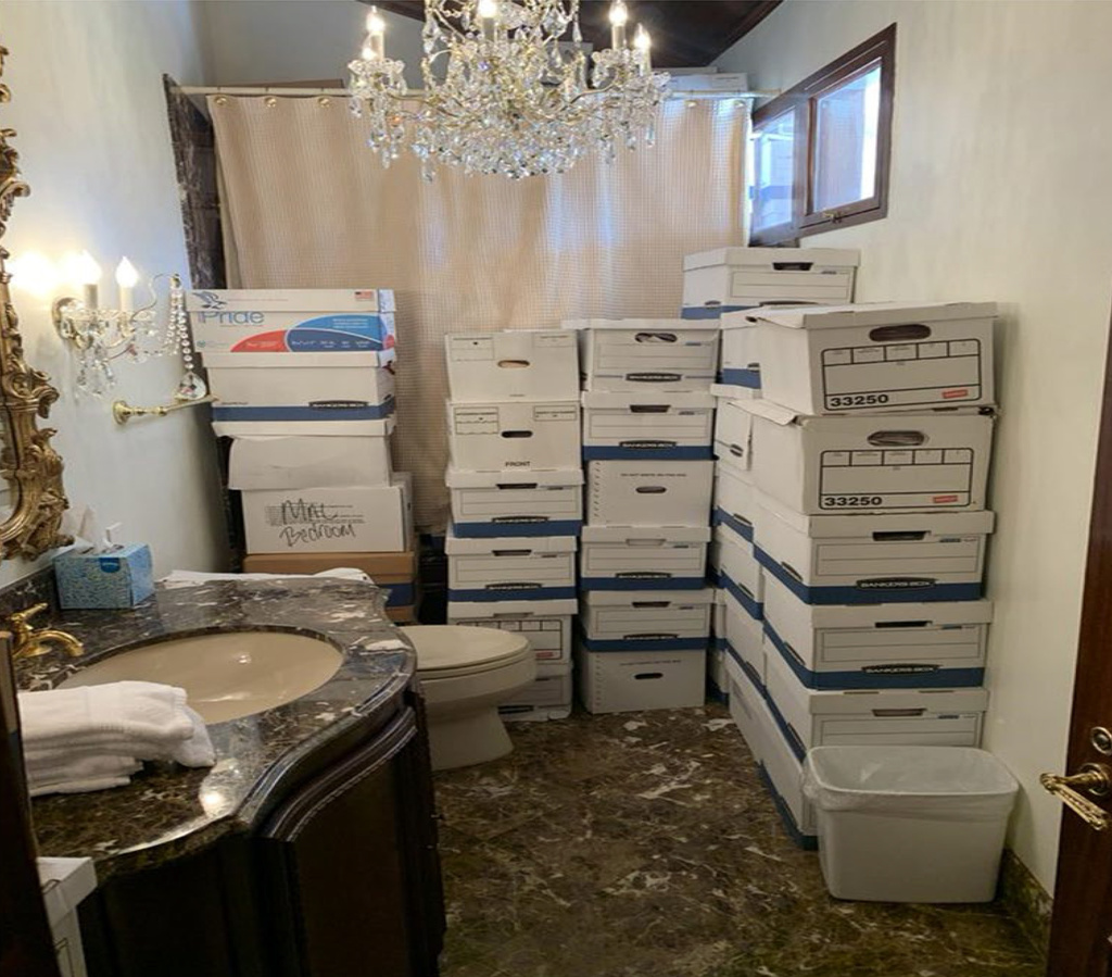 This image, contained in the indictment against former President Donald Trump, shows boxes of records stored in a bathroom and shower in the Lake Room at Trump's Mar-a-Lago estate in Palm Beach, Fla. Trump is facing 37 felony charges related to the mishandling of classified documents according to an indictment unsealed Friday, June 9, 2023.