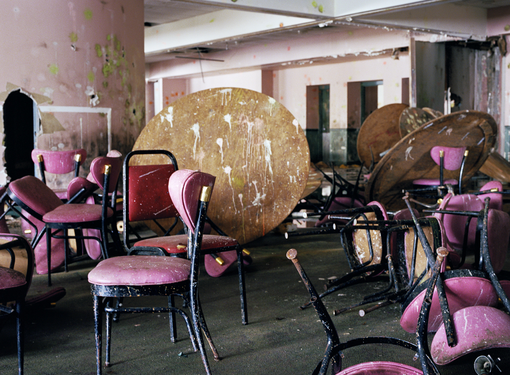The dining room of the abandoned Pines Resort Hotel photographed in 2016.