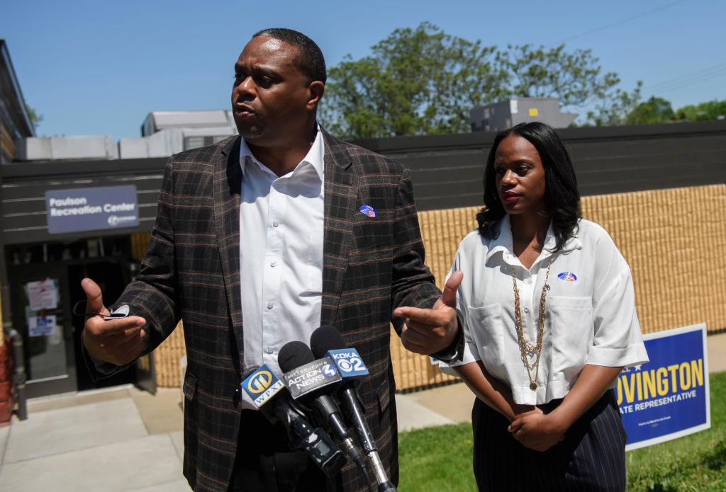 PITTSBURGH, PA - MAY 17: Pittsburgh Mayor Ed Gainey speaks to the press and Pennsylvania Democratic Congressional candidate Rep. Summer Lee outside her polling place at the Paulson Recreation Center on May 17, 2022 in Pittsburgh, Pennsylvania. Pennsylvania residents are choosing candidates from each party's primaries for a new governor, lieutenant governor, U.S. senator and U.S. representative. (Photo by