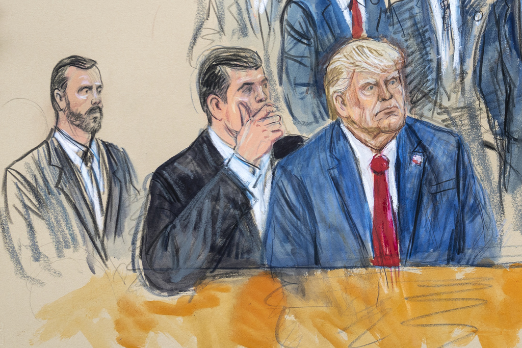This artist sketch depicts former President Donald Trump, right, conferring with defense lawyer Todd Blanche, center, during his appearance at the Federal Courthouse in Washington, Thursday, Aug. 3, 2023. Special Prosecutor Jack Smith sits at left. Trump pleaded not guilty in Washington's federal court to charges that he conspired to overturn the 2020 election. (