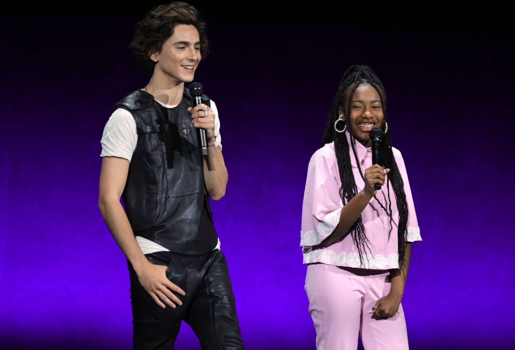 Timothee Chalamet and Calah Lane speak onstage to promote the film "Wonka" at Las Vegas, Nevada, on April 25, 2023.