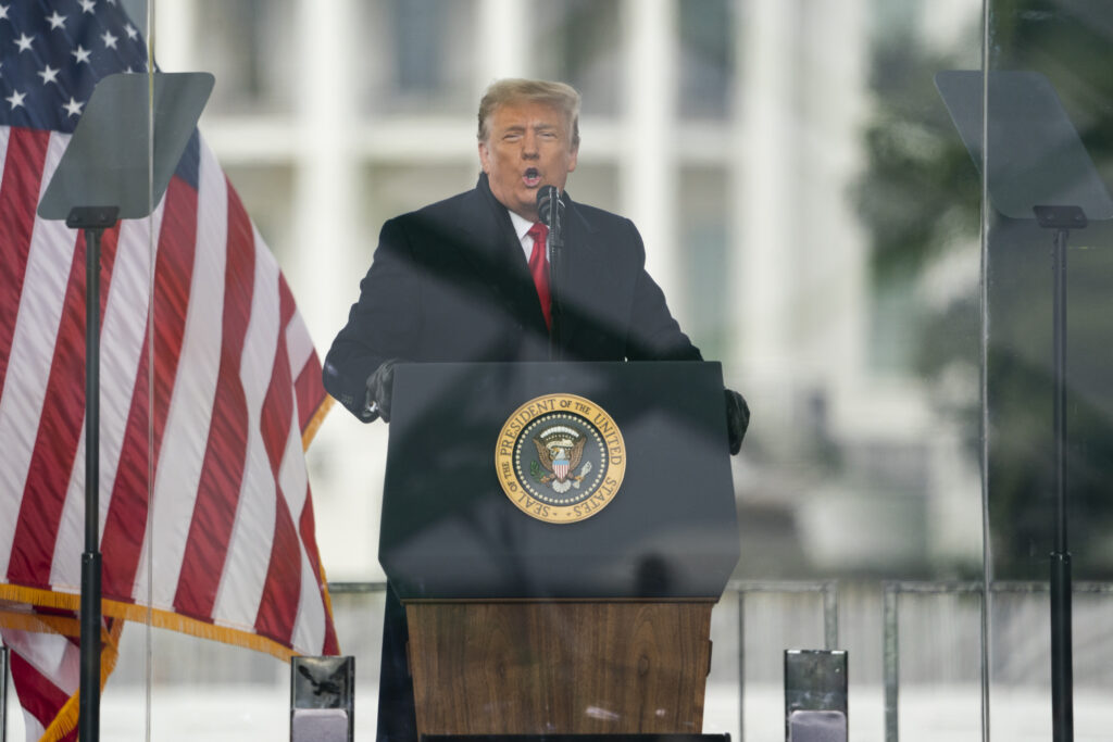 FILE - President Trump speaks during a rally protesting the electoral college certification of Joe Biden as President at Washington, January 6, 2021. Liberal groups are trying to end Trump's attempt to return to the White House by arguing that he is no longer eligible to be president after trying to overturn the 2020 election results.