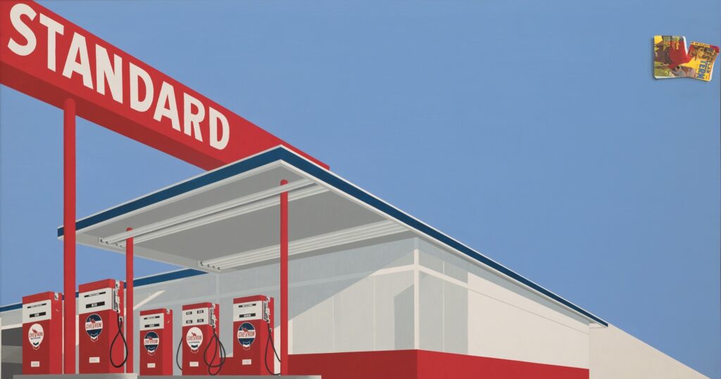 Ed Ruscha. Standard Station, Ten-Cent Western Being Torn in Half. 1964. Oil on canvas, 65 × 121 1/2” (165.1 × 308.6 cm). Private Collection.