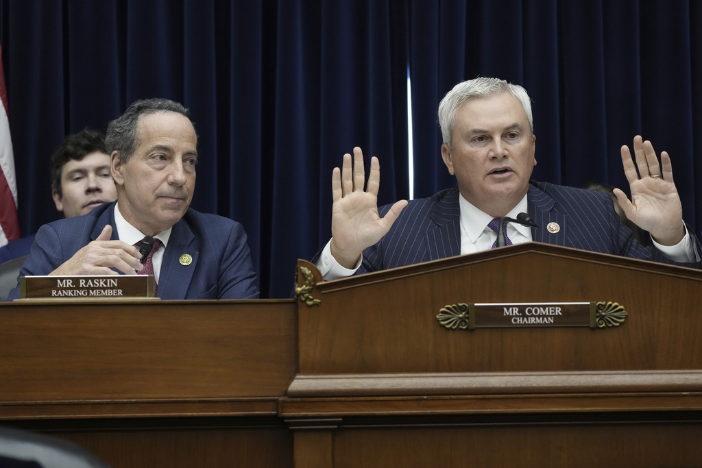 Oversight Committee Chairman James Comer, R-Ky., speaks during the House Oversight Committee impeachment inquiry hearing into President Joe Biden, Thursday, Sept. 28, 2023, on Capitol Hill in Washington, as Ranking Member Rep. Jamie Raskin, D-Md., looks on. (