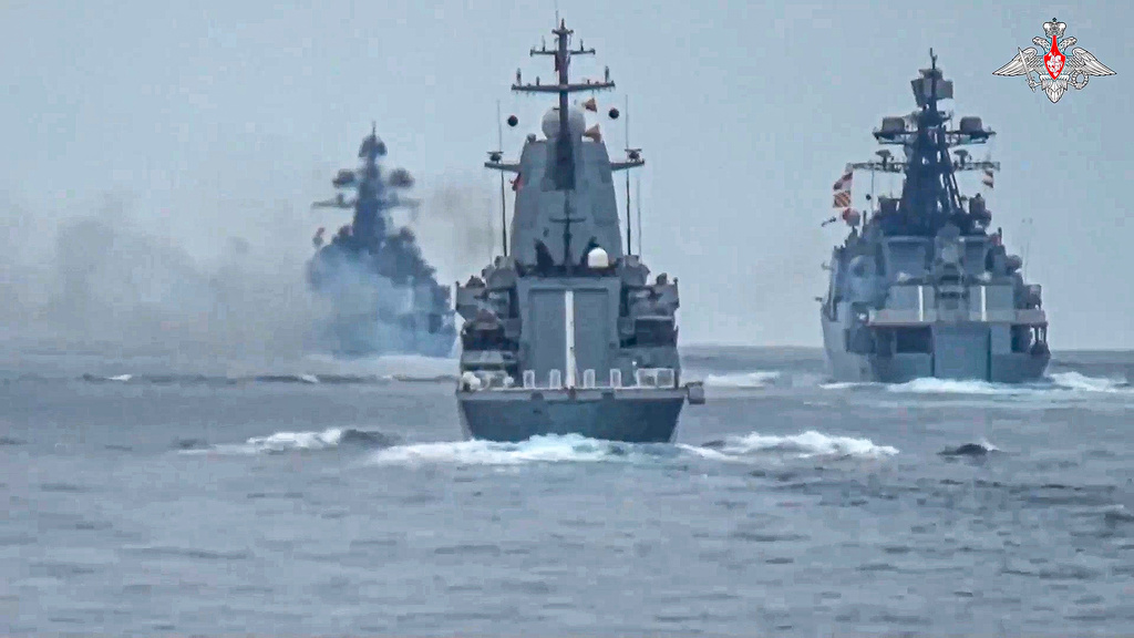 CORRECTS DATE - In this photo released by Russian Defense Ministry Press Service on Friday, July 21,2023, warships of the Russian Black Sea Fleet sail while taking part in naval drills in the Black Sea. The Russian Defense Ministry said the navy conducted drills that simulated action to seal a section of the Black Sea. The maneuvers come after Moscow declared large areas of the Black Sea dangerous for navigation following its withdrawal from a deal allowing exports of the Ukrainian grain. (