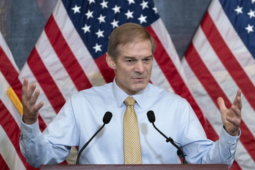 Representative Jim Jordan meets with reporters to discuss his struggle to become speaker of the House, at the Capitol October 20, 2023.