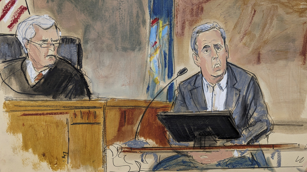 In this courtroom sketch, Michael Cohen testifies on the witness stand as Judge Arthur Engoron looks on from the bench, October 24, 2023, at New York, New York.