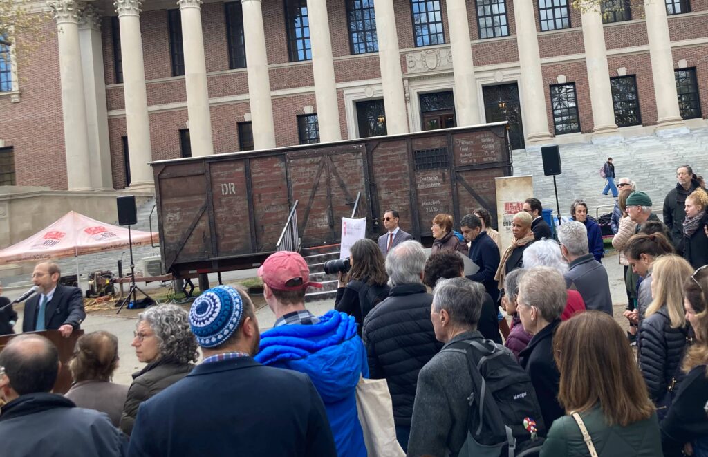 In April 2023, to draw attention to antisemitism, Jewish students at Harvard brought to campus a replica of a cattle car of the sort used by Nazis to transport Jews to death camps. Photo/Ira Stoll