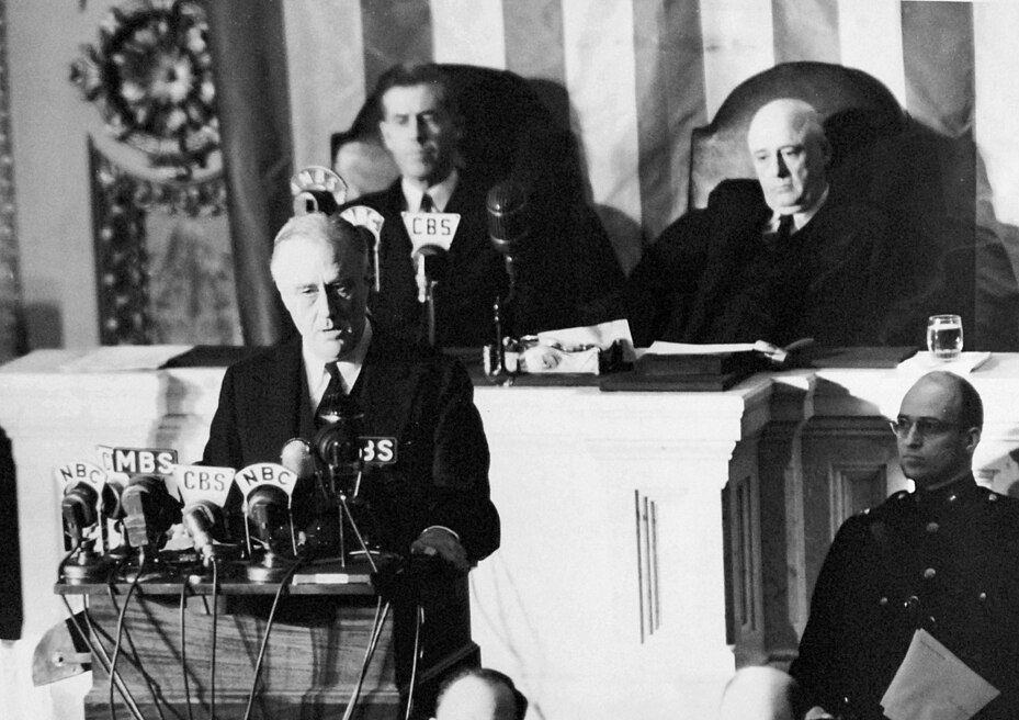 President Franklin Delano Roosevelt delivers his "Day of Infamy" speech to Congress on December 8, 1941