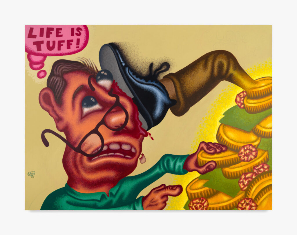 Peter Saul, "Life is Tuff," 2023. Acrylic on canvas; 45 x 60 in (114.3 x 152.4 cm).