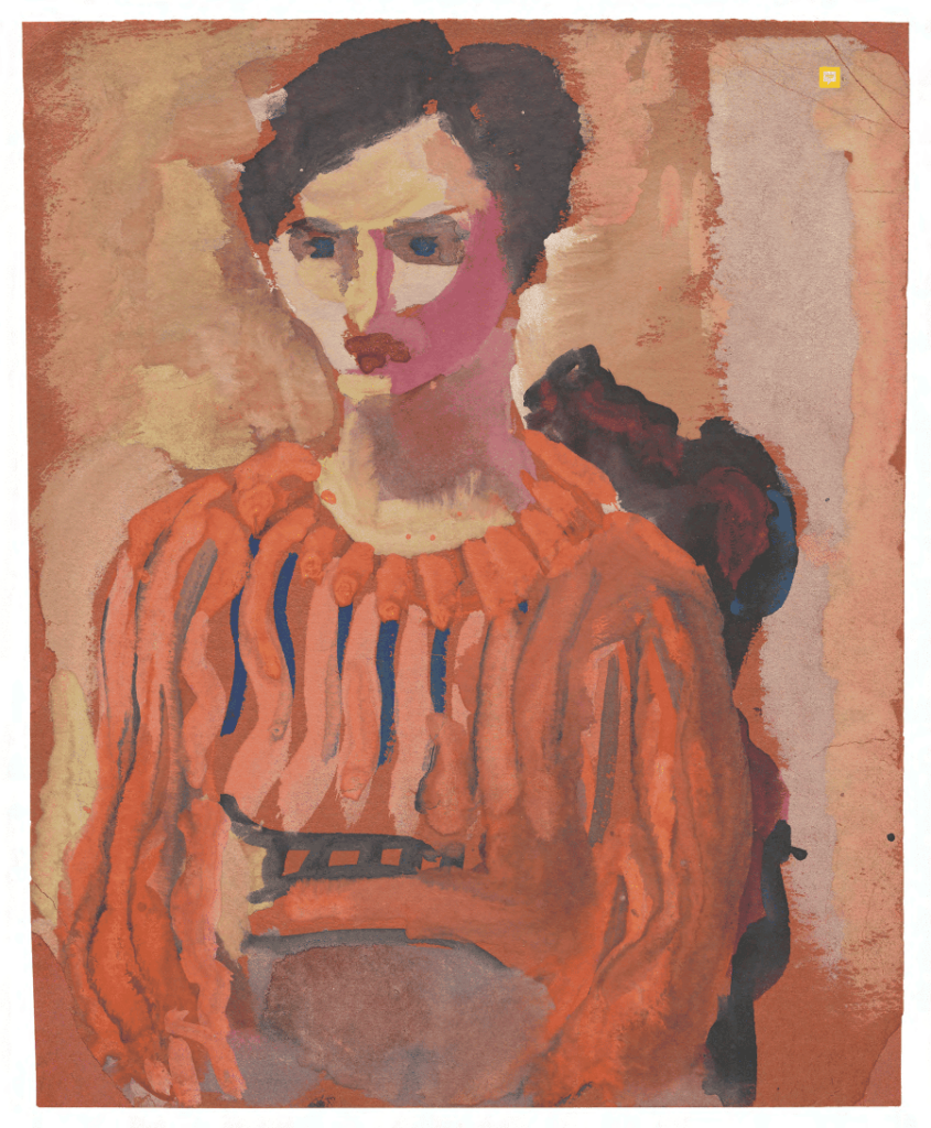 Mark Rothko Untitled (seated woman in striped blouse), 1933/1934 watercolor on construction paper sheet: 27.9 x 22.4 cm (11 x 8 13/16 in.) National Gallery of Art, Washington, Gift of The Mark Rothko Foundation, Inc. Copyright © 2023 Kate Rothko Prizel and Christopher Rothko