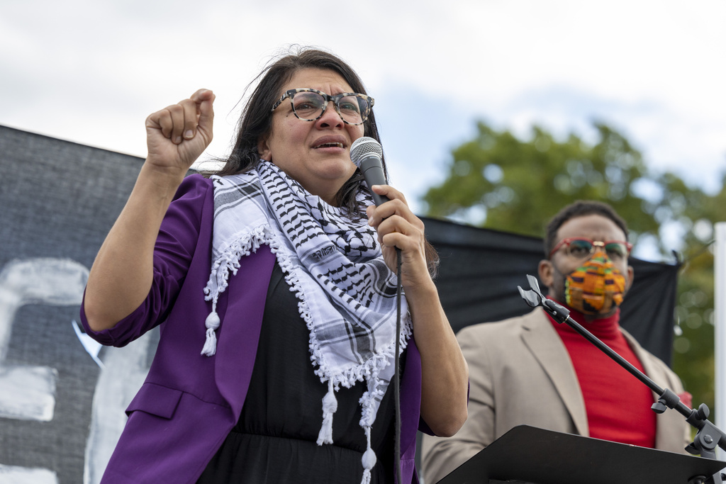 Congresswoman Rashida Tlaib speaks during a demonstration calling for a ceasefire in Gaza, Oct. 18, 2023, near the Capitol.