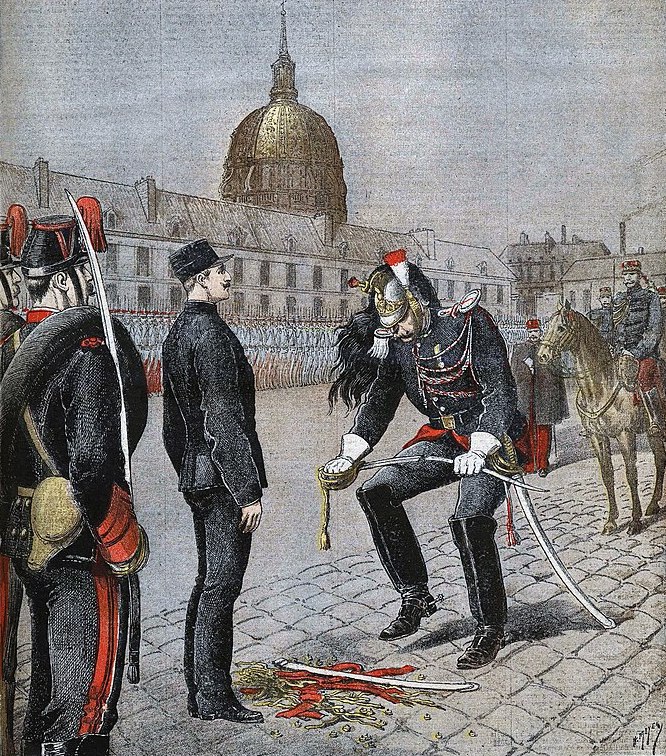 The public degradation ceremony of Dreyfus, in which he was stripped of his rank and his sword was broken, depicted in Le Petit Journal on January 13, 1895.