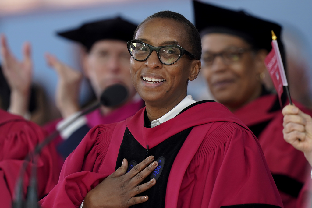 Claudine Gay, Edgerley Family Dean of Harvard's Faculty of Arts and Sciences, addresses an audience during commencement ceremonies, Thursday, May 25, 2023, on the schools campus, in Cambridge, Mass. Harvard has announced that Gay is to succeed Harvard University Lawrence Bacow, and is to become its new president beginning July 1, 2023.