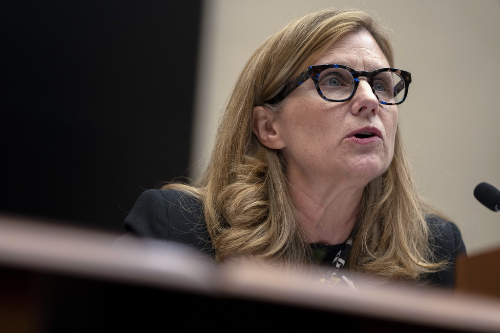 The president of the University of Pennsylvania, Liz Magill, reads her opening statement during a hearing of the House Committee on Education on Capitol Hill, Tuesday.