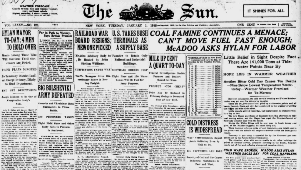 The front page of the Sun on January 1, 1918.