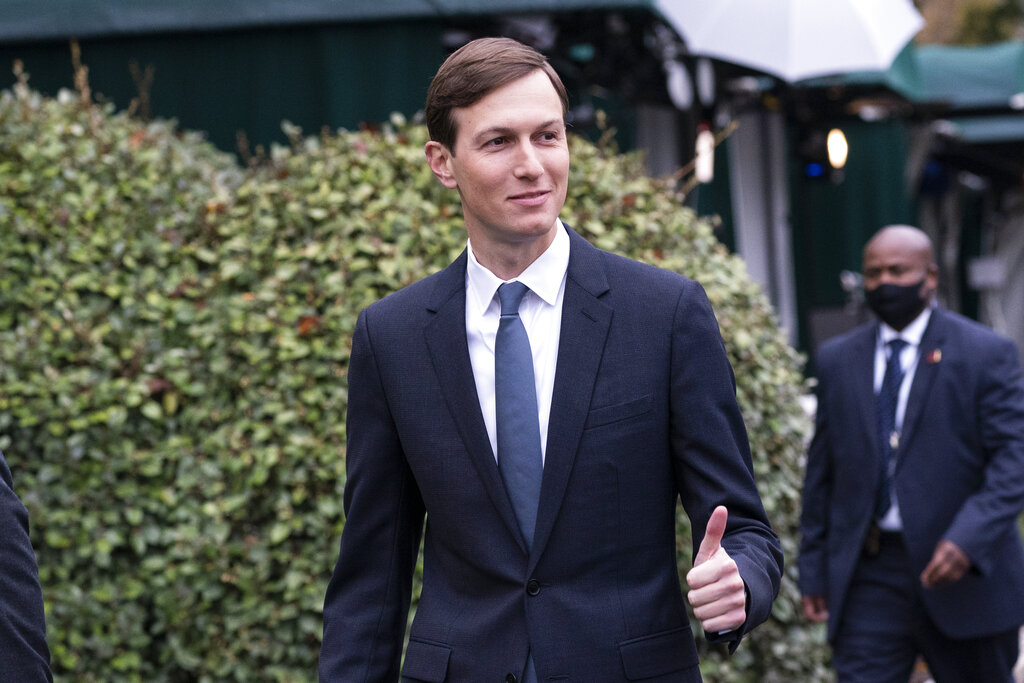White House senior adviser Jared Kushner gives thumbs up as he walks back to the West Wing after a television interview at the White House, Monday, Oct. 26, 2020, in Washington.