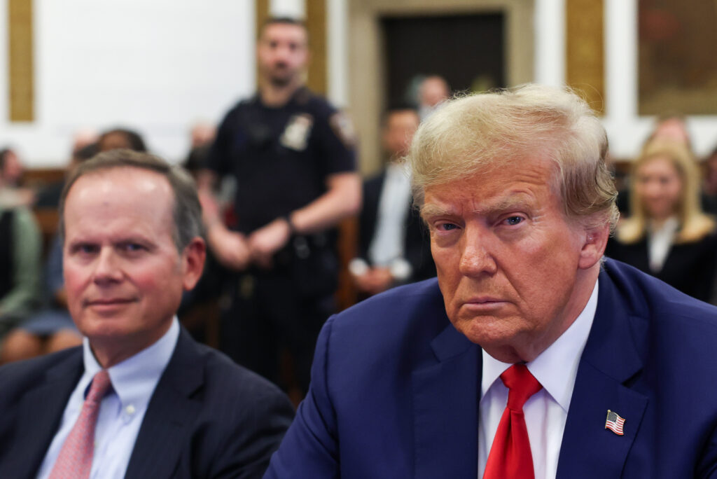 President Trump and his lawyer Christopher Kise attend the closing arguments in the Trump Organization civil fraud trial at New York State Supreme Court on January 11, 2024, at New York City.