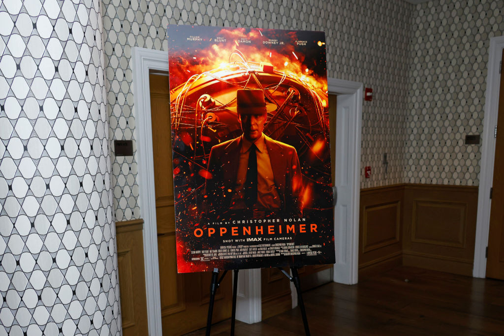 A poster for 'Oppenheimer' at a special screening of the film at Crosby Street Hotel on February 20, 2024, at New York City.