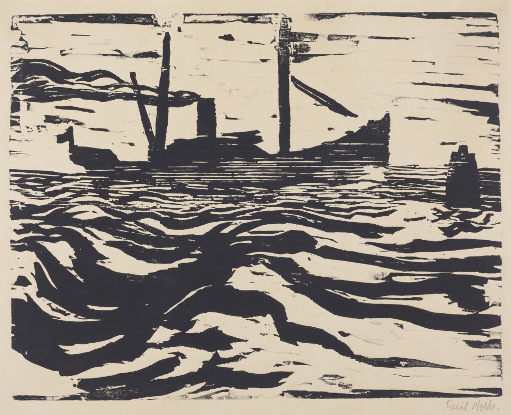 Emil Nolde Fishing Steamer (Fischdampfer) , 1910 woodcut image: 30.32 x 38.58 cm (11 15/16 x 15 3/16 in.) sheet: 39.69 x 48.58 cm (15 5/8 x 19 1/8 in.) National Gallery of Art, Washington, Epstein Family Fund © Nolde Stiftung Seebüll
