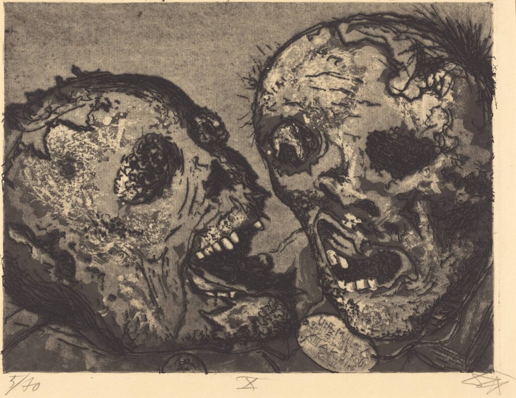Otto Dix Dead Men before the Position near Tahure (Tote vor der Stellung bei Tahure) , 1924 etching and aquatint plate: 19 x 25.6 cm (7 1/2 x 10 1/16 in.) sheet: 34.8 x 47.3 cm (13 11/16 x 18 5/8 in.) National Gallery of Art, Washington, Print Purchase Fund (Rosenwald Collection)