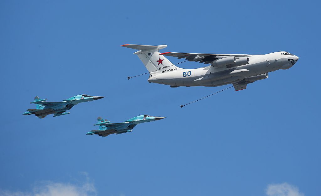 MOSCOW, RUSSIA - MAY 6: In this handout image supplied by Host photo agency / RIA Novosti, Ilyushin Il-78 Midas air force tankers and Sukhoi Su-34 Fullback tactical bombers at a rehearsal of the military parade to mark the 70th anniversary of Victory in the 1941-1945 Great Patriotic War, May 5, 2015 in Moscow, Russia. The Victory Day parade commemorates the end of World War II in Europe. (Photo by